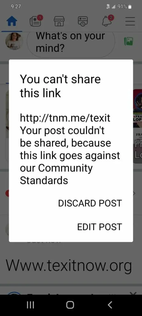 Phone screenshot of a Facebook notice saying the tnm.me/texit link can't be shared under its Community Standards.