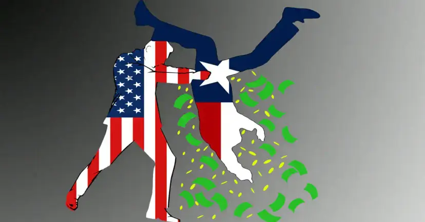 Cartoon of a figure in a U.S. flag pattern shaking money out of an upside down Texas flag figure.
