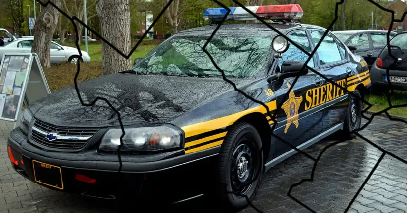 A black and gold sheriff's patrol car overlaid with the outlines of county borders.