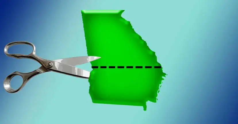 Graphic of scissors cutting a green map of Georgia in half along a dashed line.