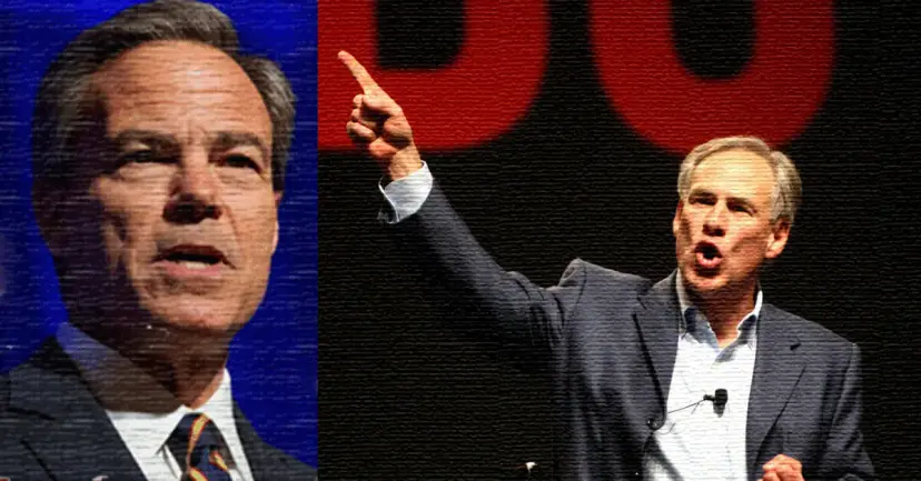 Side by side photos of Joe Straus speaking and Greg Abbott pointing upward on a stage.