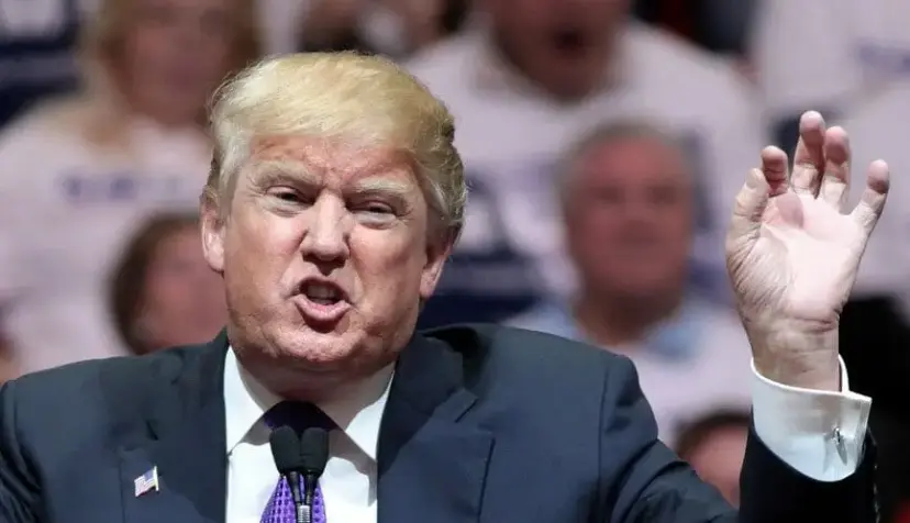 Donald Trump speaking forcefully and gesturing with one hand at a rally, with a crowd behind him.