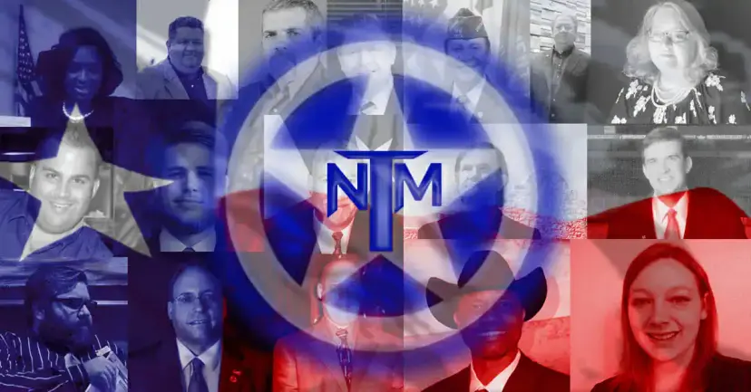 Collage of candidate portraits in red, white and blue tones behind the TNM star logo.
