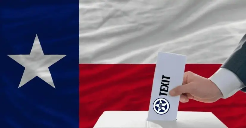 A hand drops a ballot marked 'TEXIT' into a ballot box in front of a Texas flag.