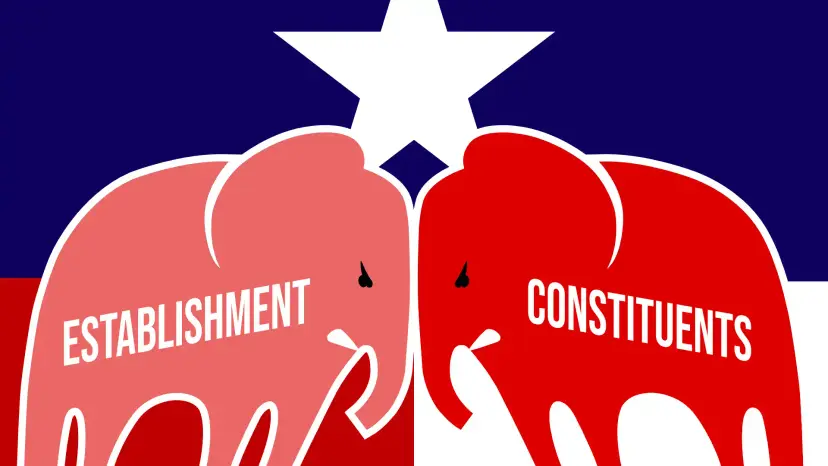 Two red elephants labeled 'Establishment' and 'Constituents' face off in front of a Texas flag.