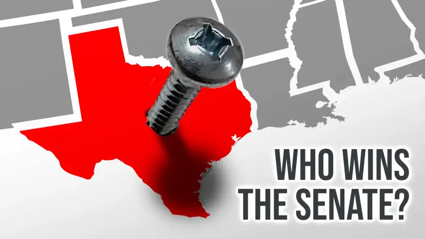 A screw driven into a red Texas on a map, with text reading 'Who wins the Senate?'