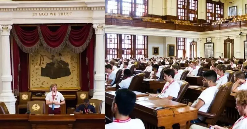 Texas Boys State delegates in white shirts seated in the Texas House chamber while one speaks at the podium.