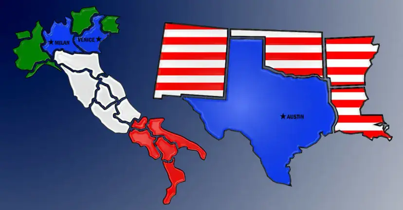 Map of Italy with Milan and Venice in blue beside a blue map of Texas among striped neighboring states.
