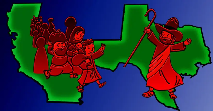 Cartoon of a Moses figure in a cowboy hat leading a crowd from a map of California toward Texas.