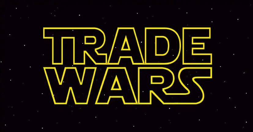 Graphic reading "Trade Wars" in yellow outlined letters on a black, star-filled background.
