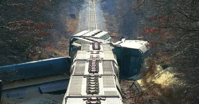 Aerial view of a derailed freight train with locomotives and cars jackknifed along the tracks.
