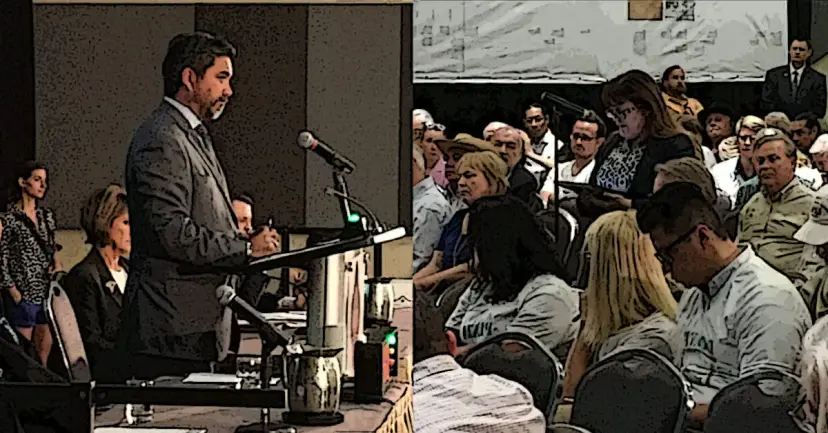 Illustrated scene of a man speaking at a podium during a crowded public meeting.