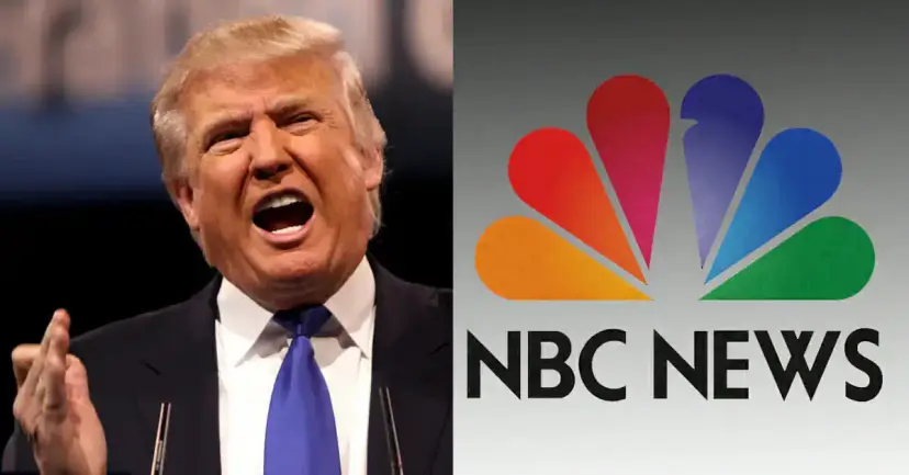 Donald Trump speaking with an angry expression beside the NBC News peacock logo.