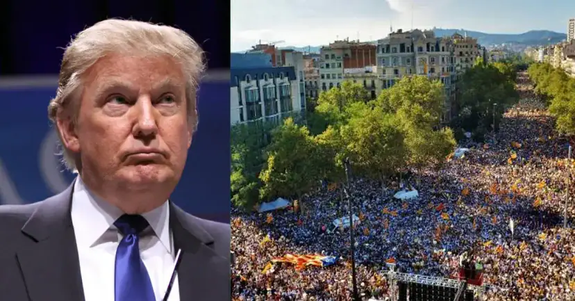 Donald Trump frowning beside an aerial view of a huge Catalan independence rally filling a Barcelona boulevard.