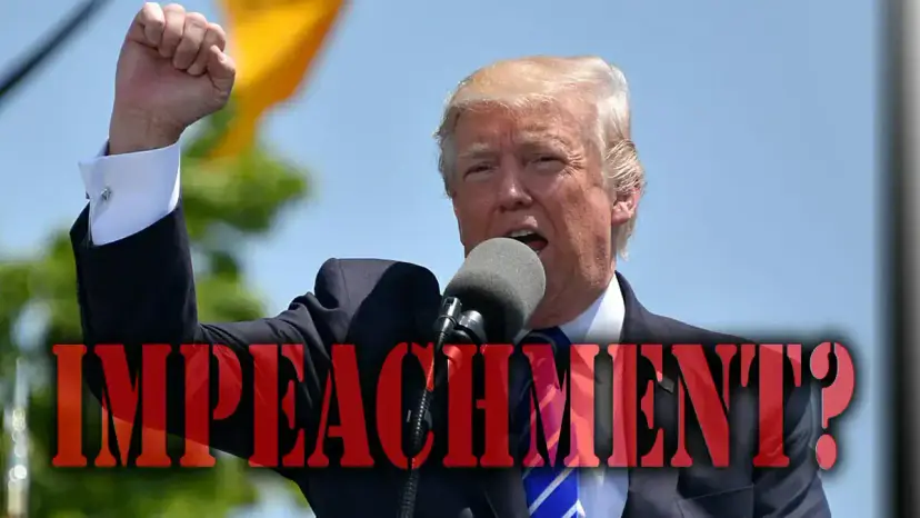 Donald Trump raising his fist at a microphone above the word "Impeachment?" in red letters.