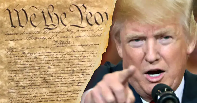 Donald Trump pointing and speaking at a microphone beside the opening words of the U.S. Constitution.