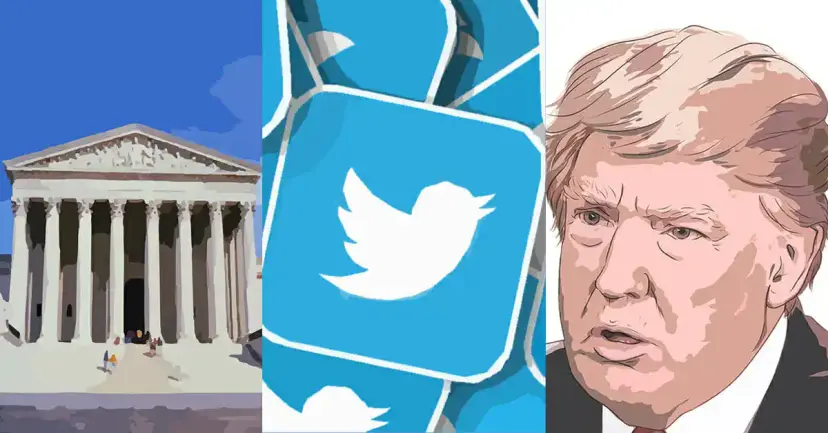 Three-panel illustration of the Supreme Court building, the Twitter bird logo, and a drawing of Donald Trump.