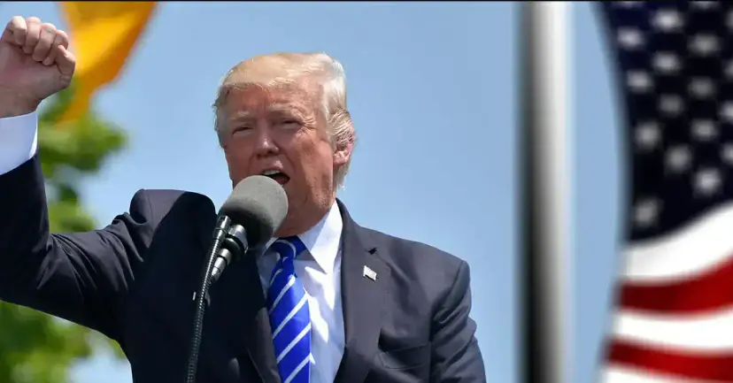 Donald Trump speaking at a microphone with his fist raised, a U.S. flag in the background.