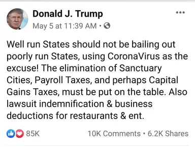 Facebook post by Donald J. Trump saying well-run states should not bail out poorly run states over coronavirus.