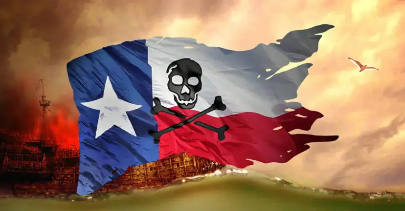 A tattered Texas flag with a skull and crossbones flying over a burning ship at sea.