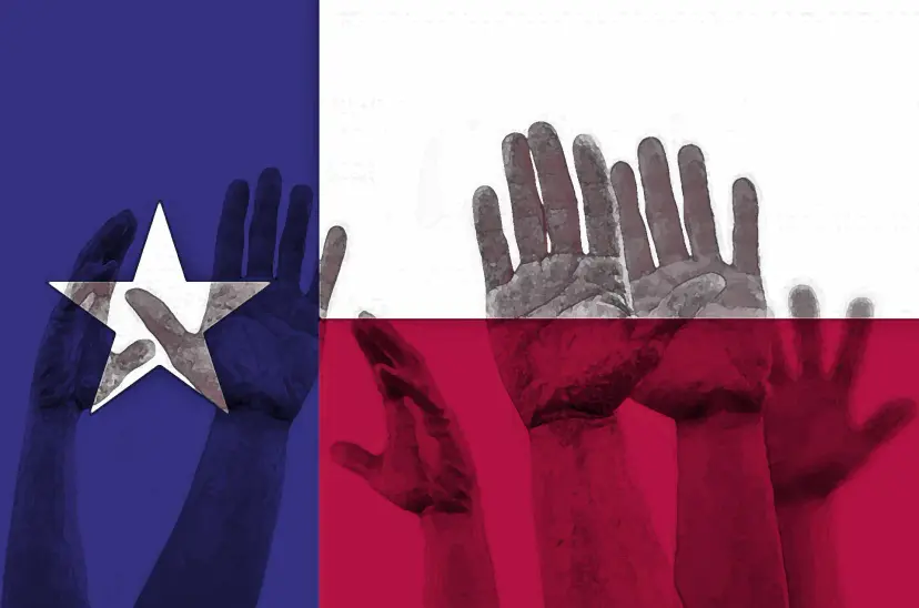 Texas flag design formed from raised hands tinted blue, white and red.