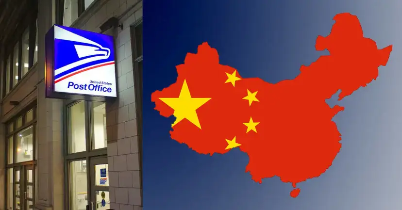 A United States Post Office sign on a building beside a map of China filled with its flag.