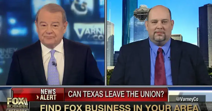 Daniel Miller in a split-screen Fox Business interview with host Stuart Varney, captioned 'Can Texas Leave the Union?'