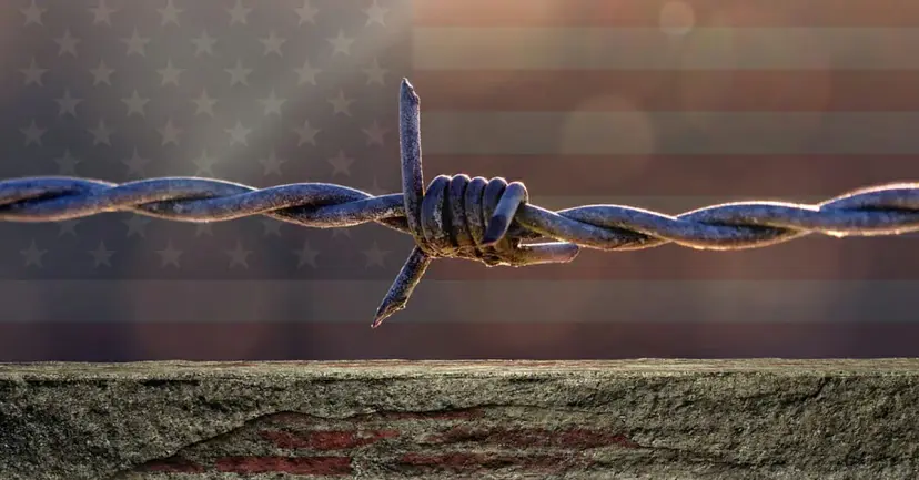 Twisted strand of barbed wire above a stone wall, with a faded American flag in the background.