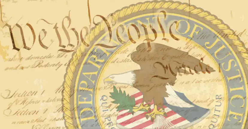 The words "We the People" from the Constitution layered over the federal Department of Justice seal.