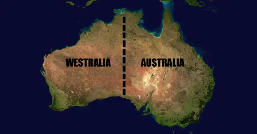 Satellite map of Australia split by a dashed line into regions labeled Westralia and Australia.
