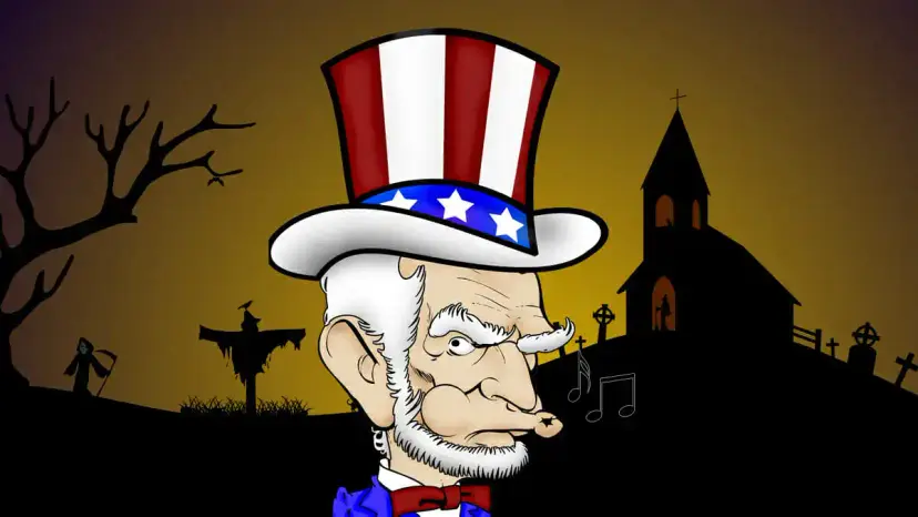 Cartoon of a scowling Uncle Sam whistling in front of a graveyard and a church silhouette at dusk.