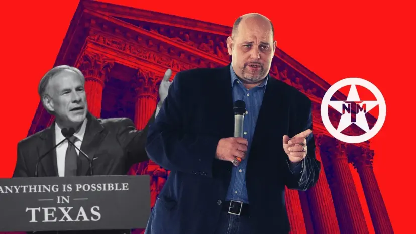 Greg Abbott at an 'Anything Is Possible in Texas' podium beside Daniel Miller holding a microphone, with the TNM logo.