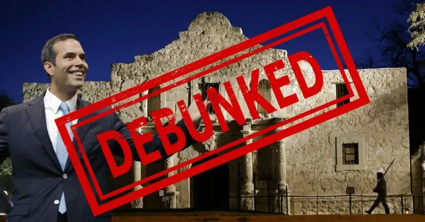 George P. Bush smiling beside the Alamo, with a red "Debunked" stamp across the image.