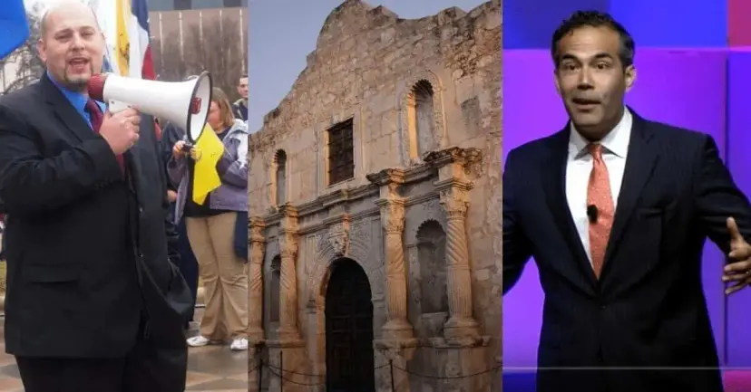 Three-panel image of Daniel Miller speaking through a megaphone, the Alamo church, and George P. Bush on stage.