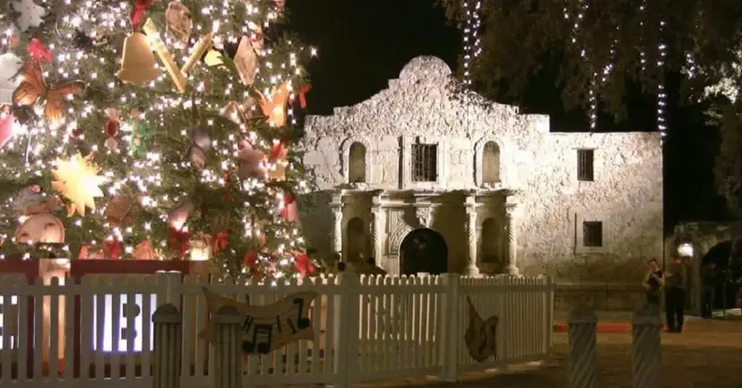 A lit Christmas tree decorated with ornaments in front of the Alamo church at night.