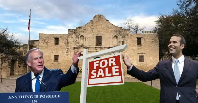 Composite of two smiling politicians beside a 'For Sale' sign in front of the Alamo church.