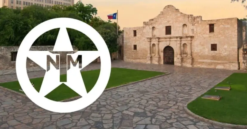 The Texas Nationalist Movement star logo in front of the Alamo church and its stone courtyard.
