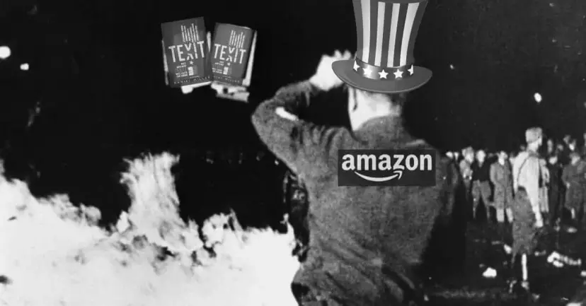 Altered book burning photo of a man in an Amazon jacket and Uncle Sam hat throwing TEXIT books into flames.