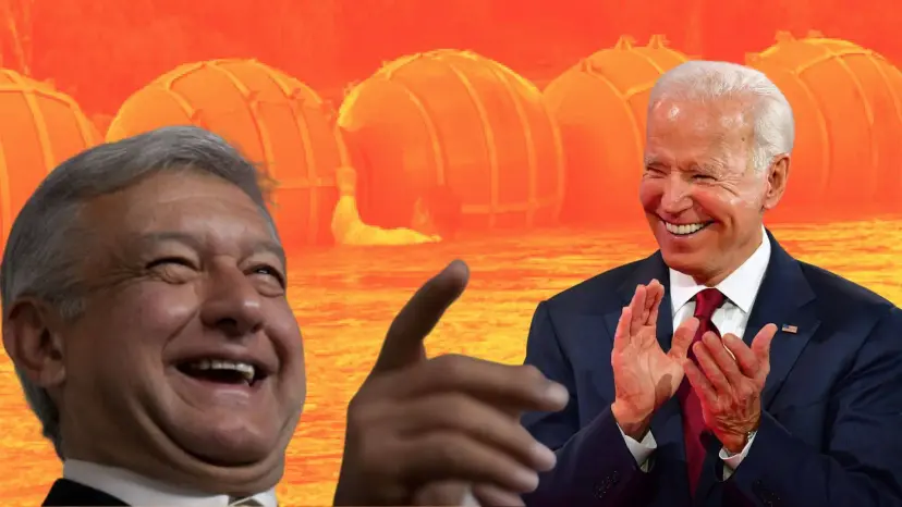 Two laughing older men, one clapping, in front of orange-tinted buoys floating in a river