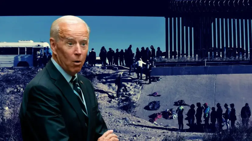 Joe Biden looking surprised in front of migrants lined up along the border wall