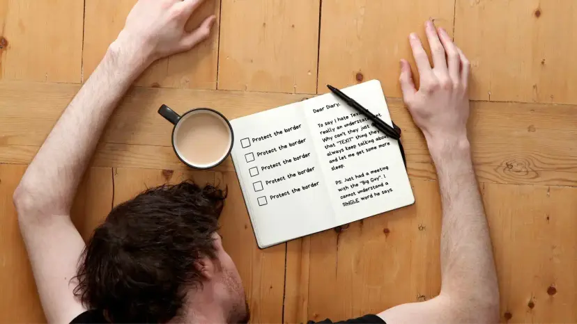 A man asleep face down on a wooden table beside coffee and a notebook repeating 'Protect the border.'