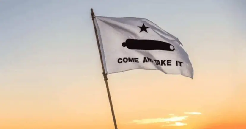 A white 'Come and Take It' flag with a black cannon and star flying against a sunset sky.