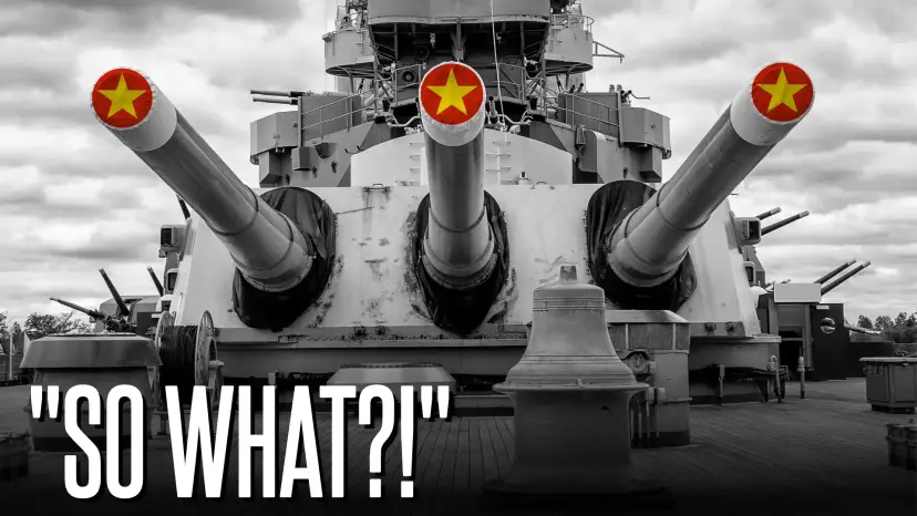 Black and white warship gun turret with three barrels capped by red star emblems, captioned 'So What?!'