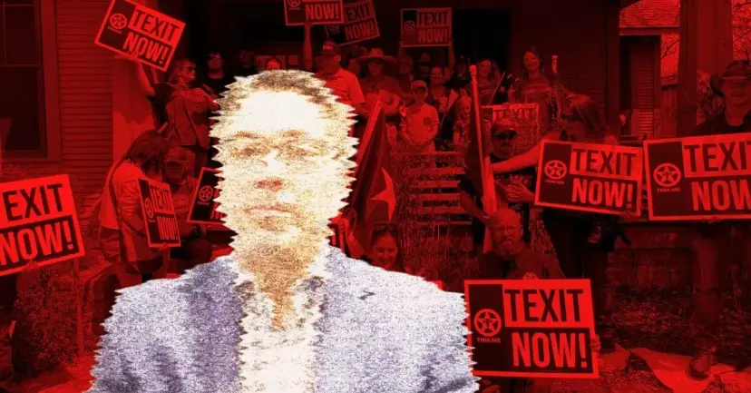 A glitching portrait of Chris Paddie over a red photo of a crowd holding 'TEXIT Now!' signs.