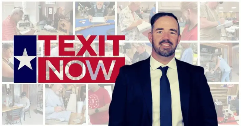 Chris Powell in a dark suit beside a 'TEXIT Now' logo, over a collage of volunteers signing petitions.