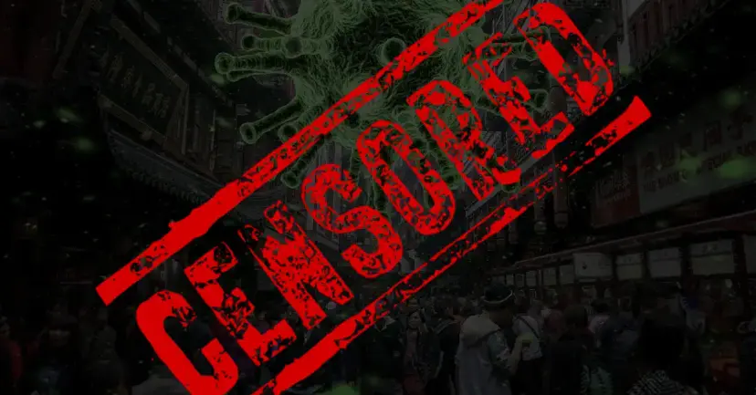 A red 'Censored' stamp over a dim street scene with a faint coronavirus illustration behind it.