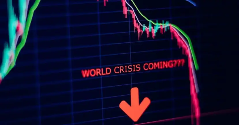 A stock chart plunging downward with the words 'World crisis coming???' and a red arrow.