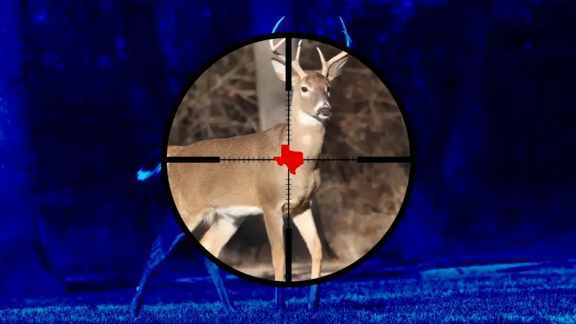 White-tailed deer seen through a rifle scope with a small red Texas shape at the crosshairs