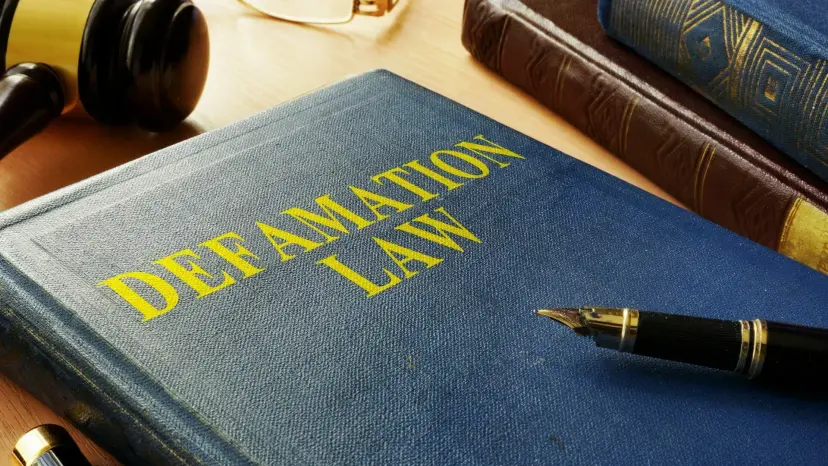 Blue book titled 'Defamation Law' on a desk with a gavel and a fountain pen.