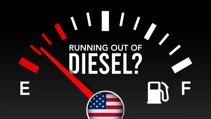 Fuel gauge near empty with an American flag at its center and text reading 'Running out of diesel?'